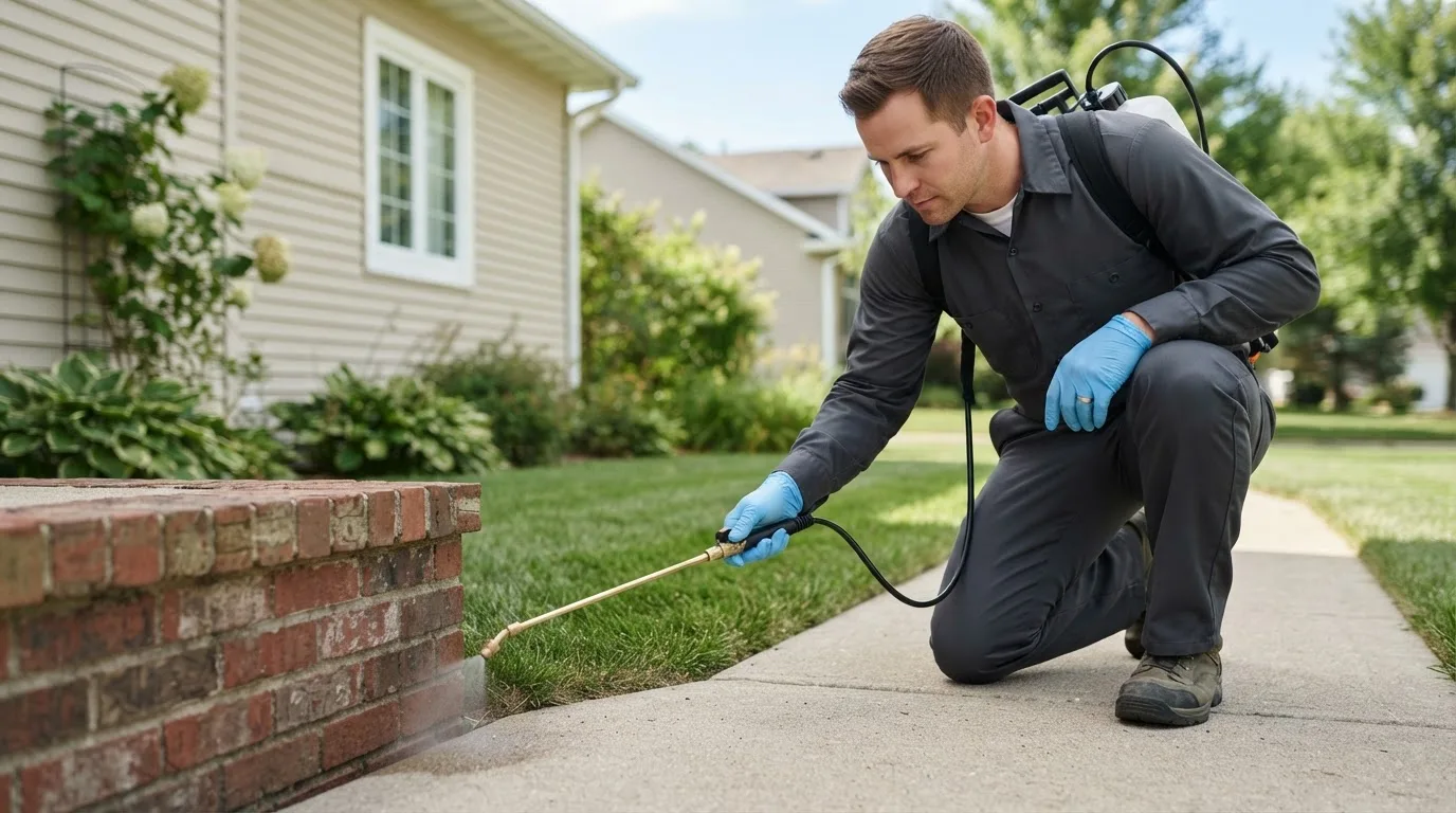 Pest control technician treating a home near Rocky Mount, MO